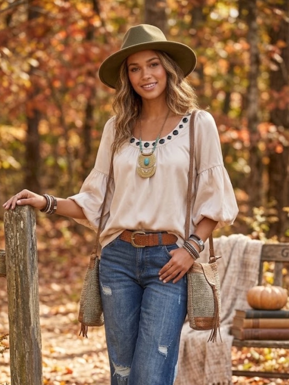 Boho Chic Embellished Scoop Neck Blouse Cream w Black Balloon 3/4 Sleeve Top M